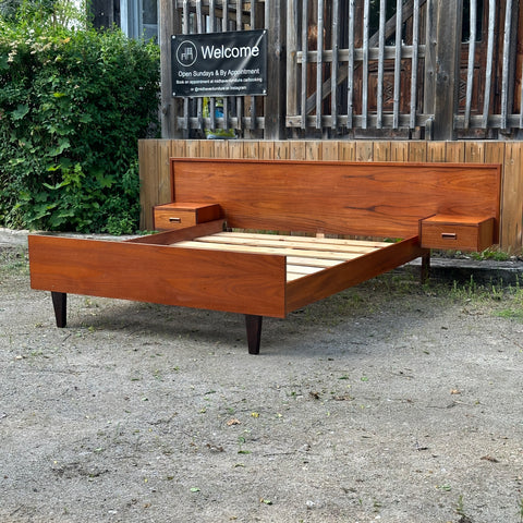 Vintage Teak Queen Bed Frame w/ Floating Side Table