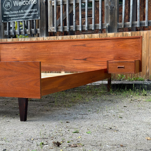 Vintage Teak Queen Bed Frame w/ Floating Side Table