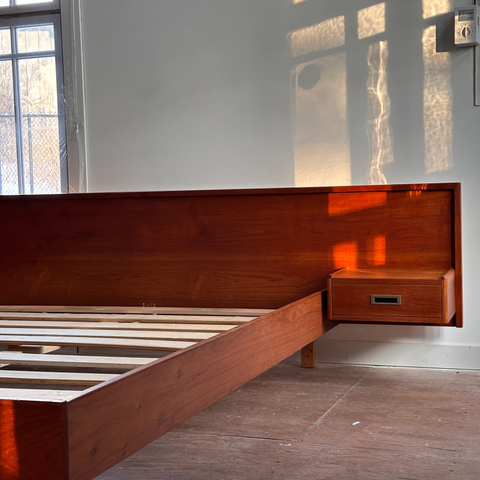 Refinished Vintage Teak Queen Bed Frame w/ Floating Side Tables