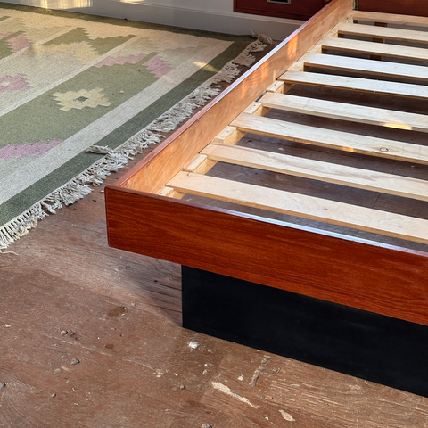 Refinished Vintage Teak Queen Bed Frame w/ Floating Side Tables