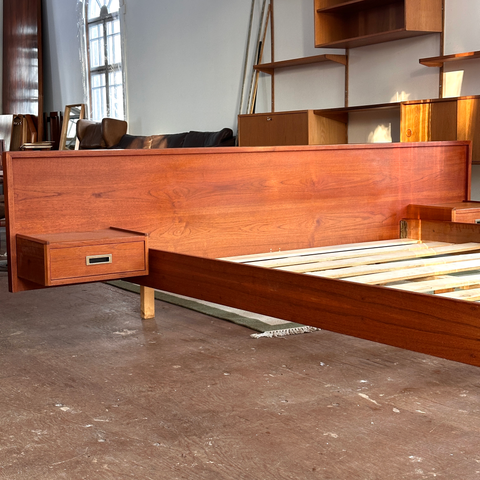 Refinished Vintage Teak Queen Bed Frame w/ Floating Side Tables