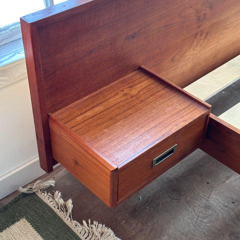 Refinished Vintage Teak Queen Bed Frame w/ Floating Side Tables