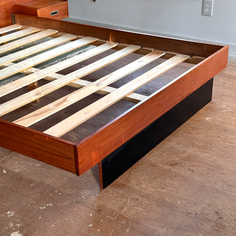 Refinished Vintage Teak Queen Bed Frame w/ Floating Side Tables