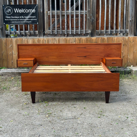 Vintage Teak Queen Bed Frame w/ Floating Side Table