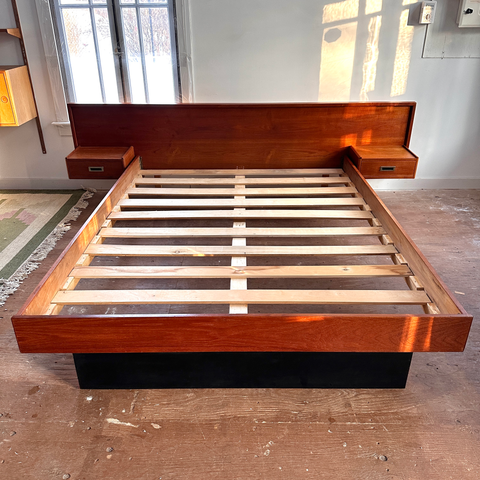 Refinished Vintage Teak Queen Bed Frame w/ Floating Side Tables